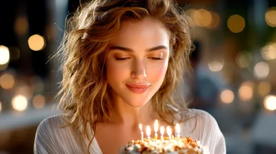 Young Woman Making A Wish Over Birthday Cake