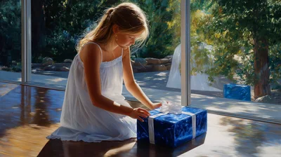 Young Girl Kneeling Beside A Blue Gift Box