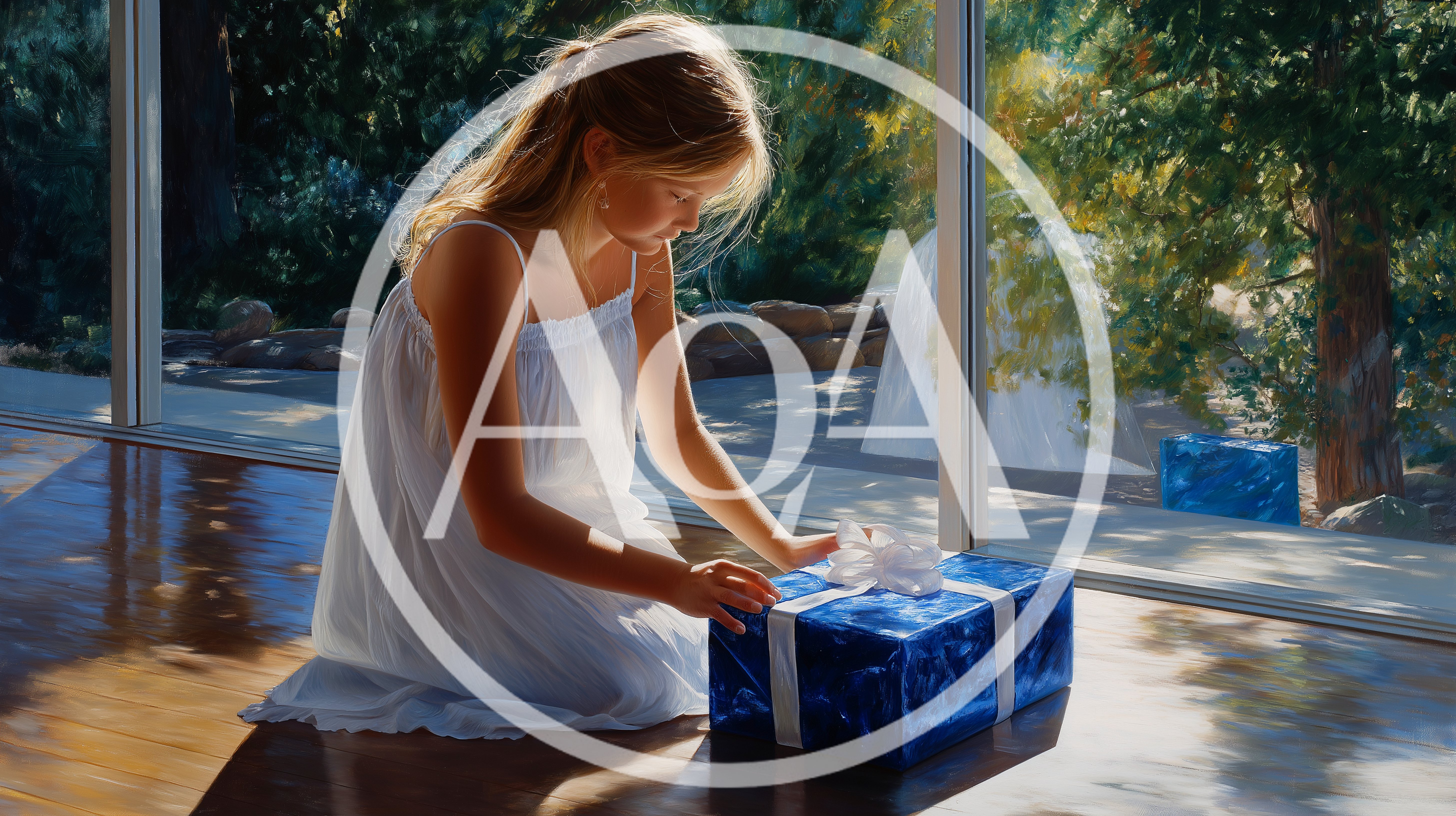 Young Girl Kneeling Beside A Blue Gift Box