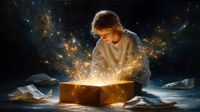 Child Opening A Magical Glowing Gift Box
