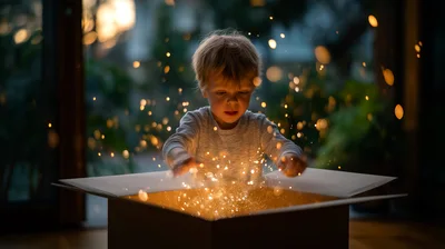 Young Boy Discovering Magical Glowing Sparks Inside Cardboard Box