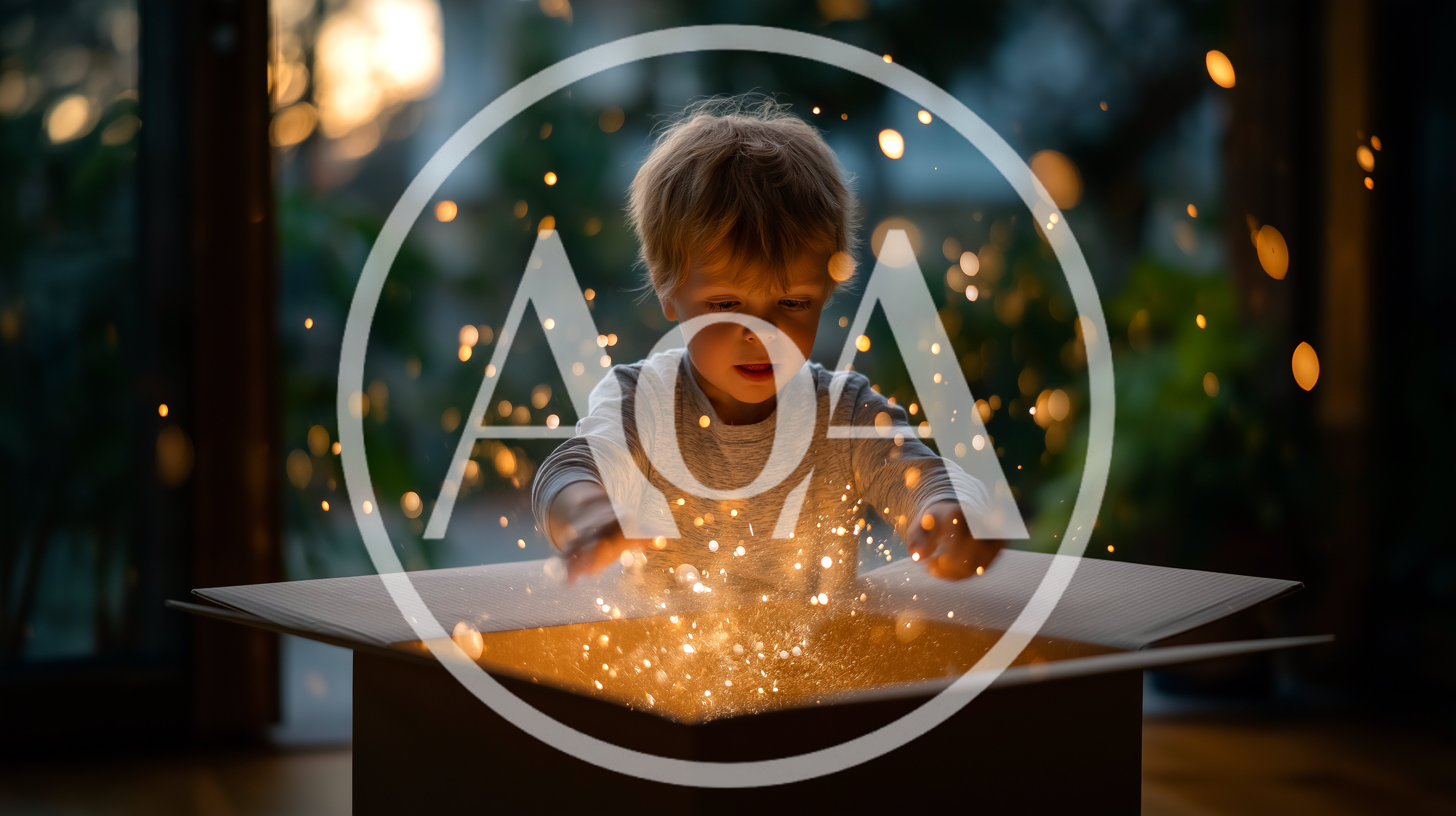 Young Boy Discovering Magical Glowing Sparks Inside Cardboard Box