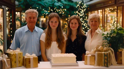Family Celebrating Birthday With Cake And Gifts