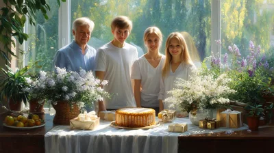 Family Celebrating Birthday With Cake And Gifts