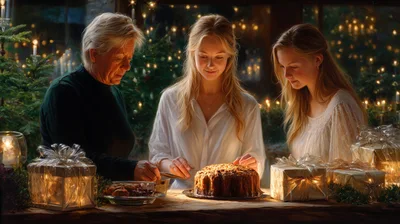 Family Celebrating Christmas With Cake And Gifts