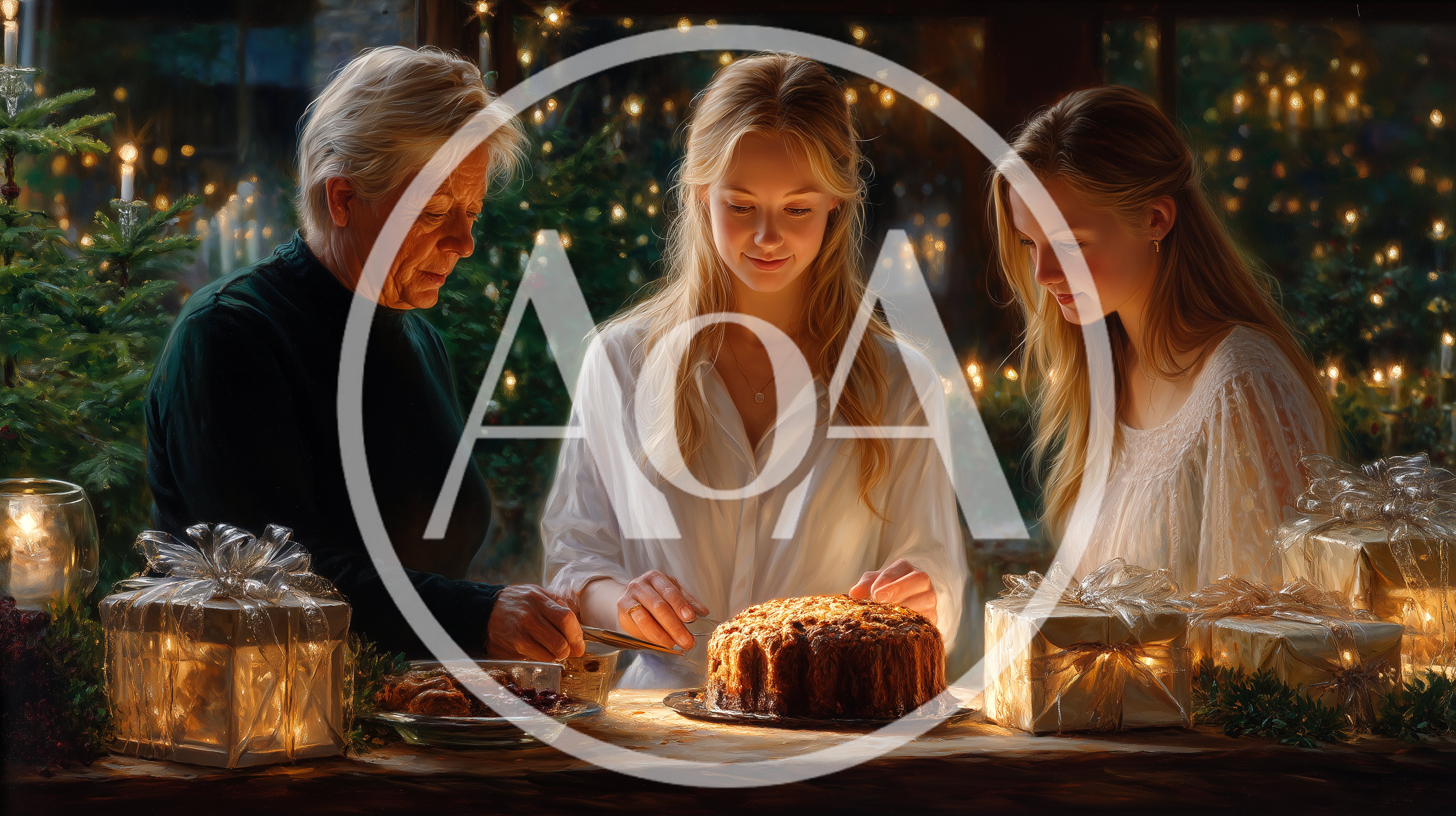 Family Celebrating Christmas With Cake And Gifts