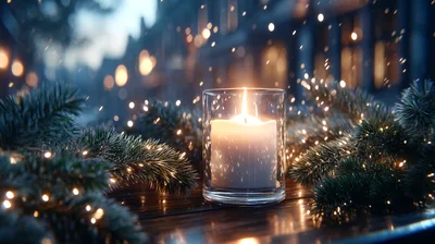 Lit Candle In Glass Holder With Christmas Pine Branches