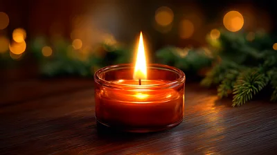 Lit Candle In Glass Jar On Wooden Table