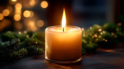 Lit Candle In Glass Jar With Christmas Greenery