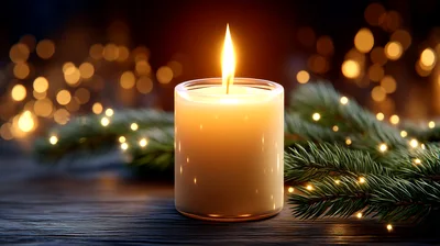 Lit Candle With Pine Branches And Bokeh Lights