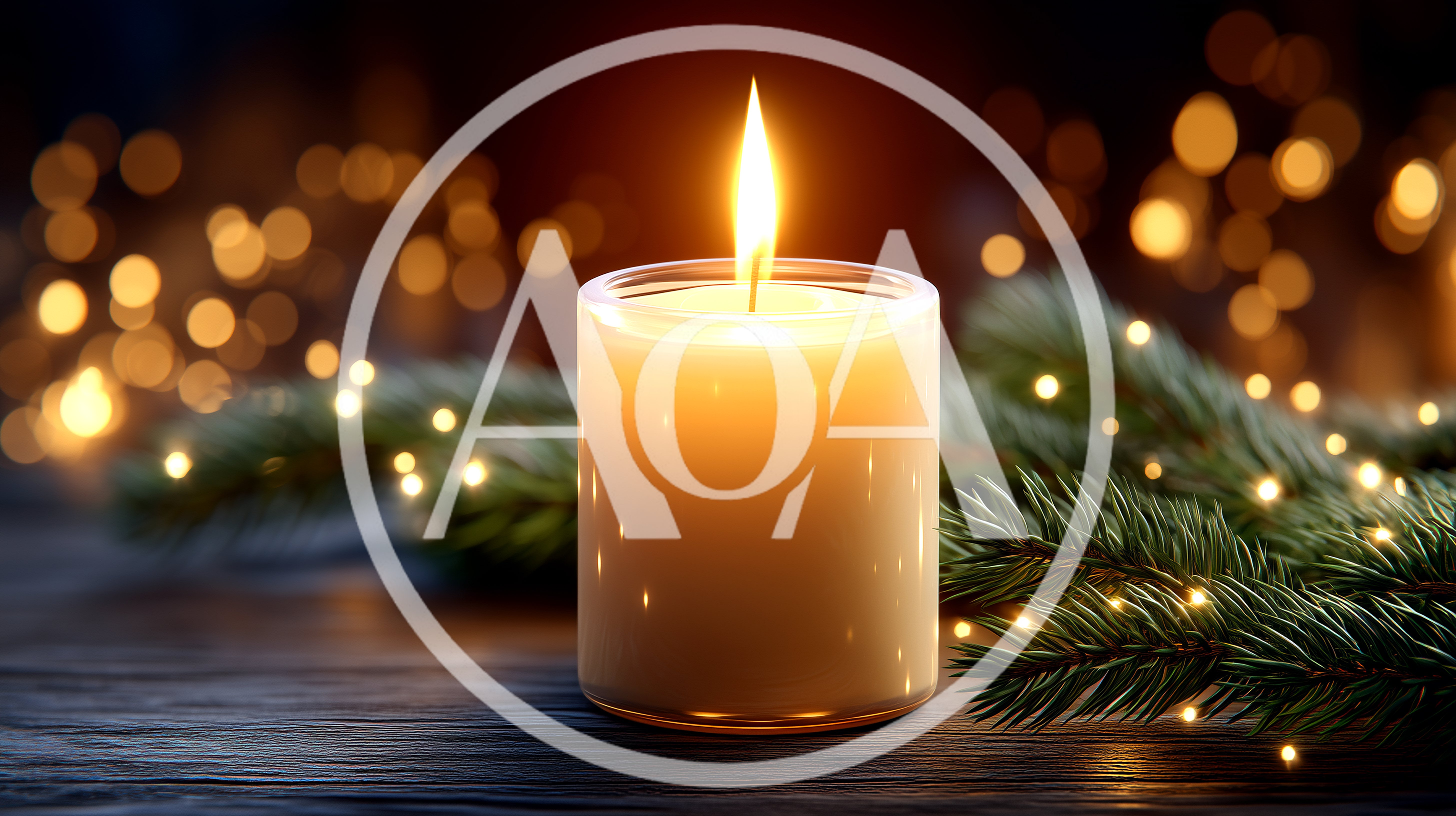 Lit Candle With Pine Branches And Bokeh Lights