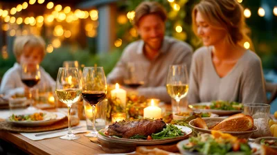 Family Enjoying A Festive Outdoor Dinner Party