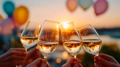 Friends Toasting With Wine Glasses At Sunset
