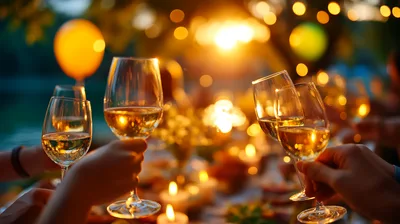 Friends Toasting With Wine Glasses At Outdoor Dinner Party