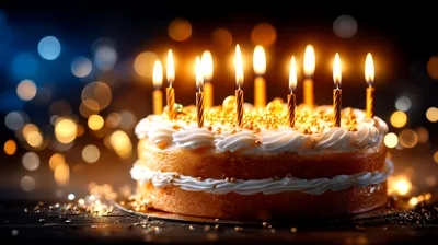 Birthday Cake With Lit Candles And Bokeh Background