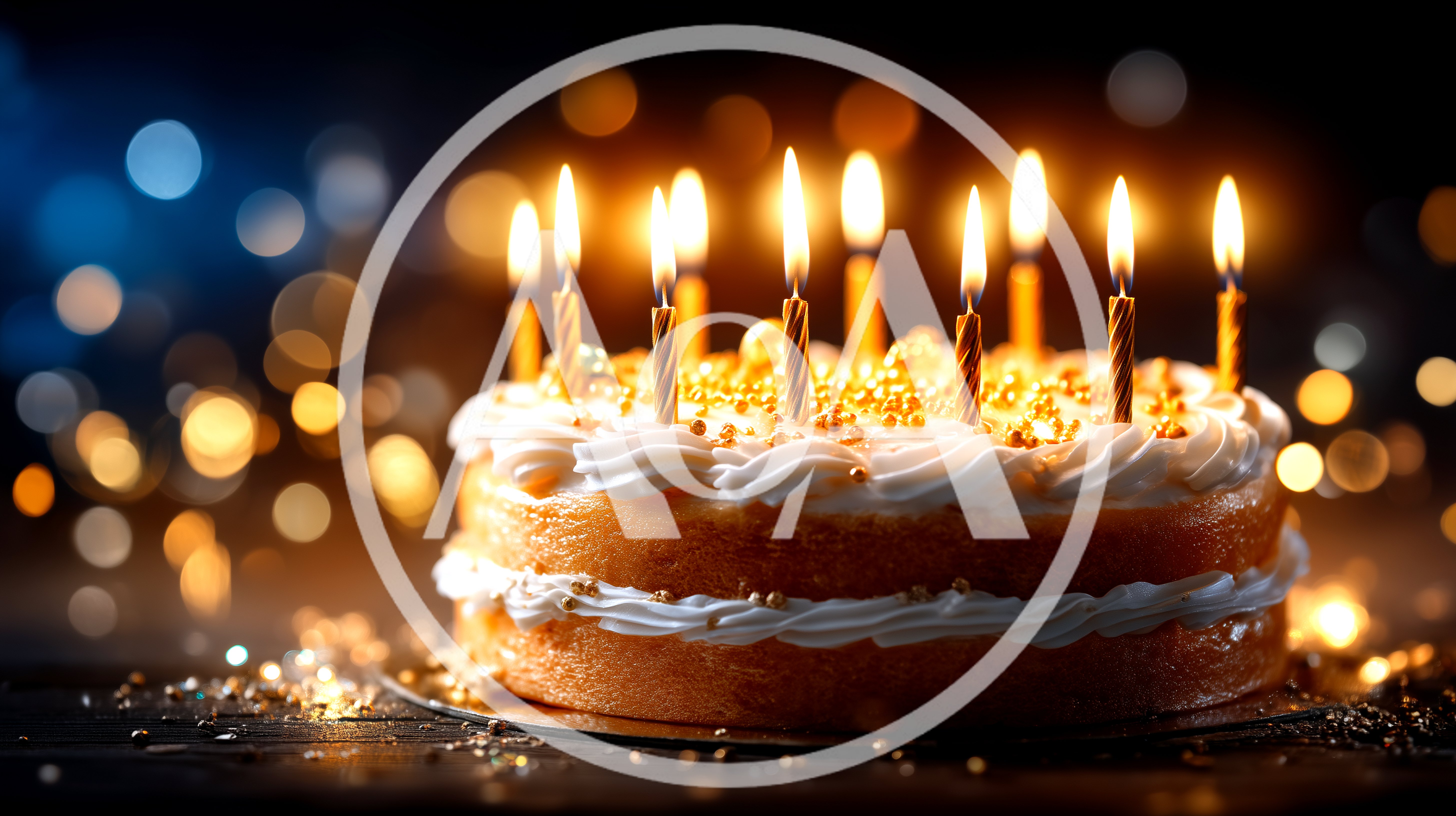 Birthday Cake With Lit Candles And Bokeh Background