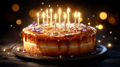 Birthday Cake With Lit Candles On Wooden Table