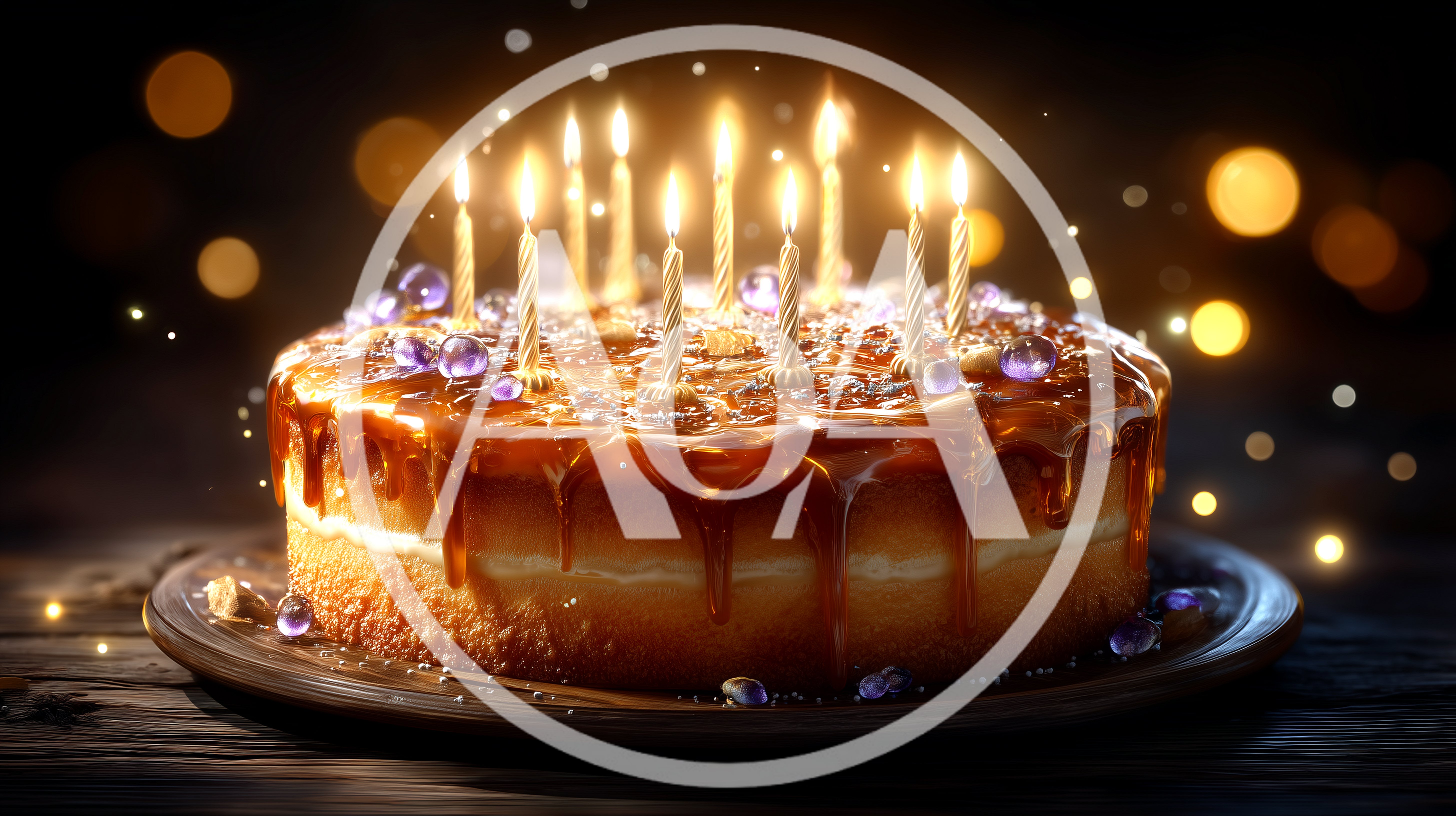 Birthday Cake With Lit Candles On Wooden Table