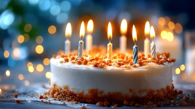 Birthday Cake With Lit Candles On A Table