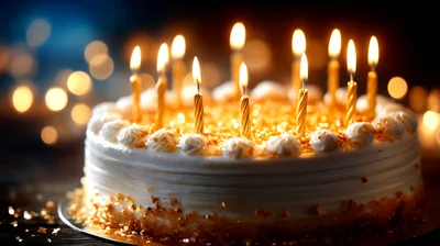 Birthday Cake With Lit Candles On Dark Background