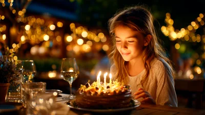 Young Girl Making A Wish On Birthday Cake