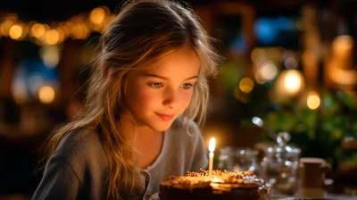 Young girl's magical moment wishing on a birthday cake candle with warm bokeh lights creating a cozy, joyful atmosphere