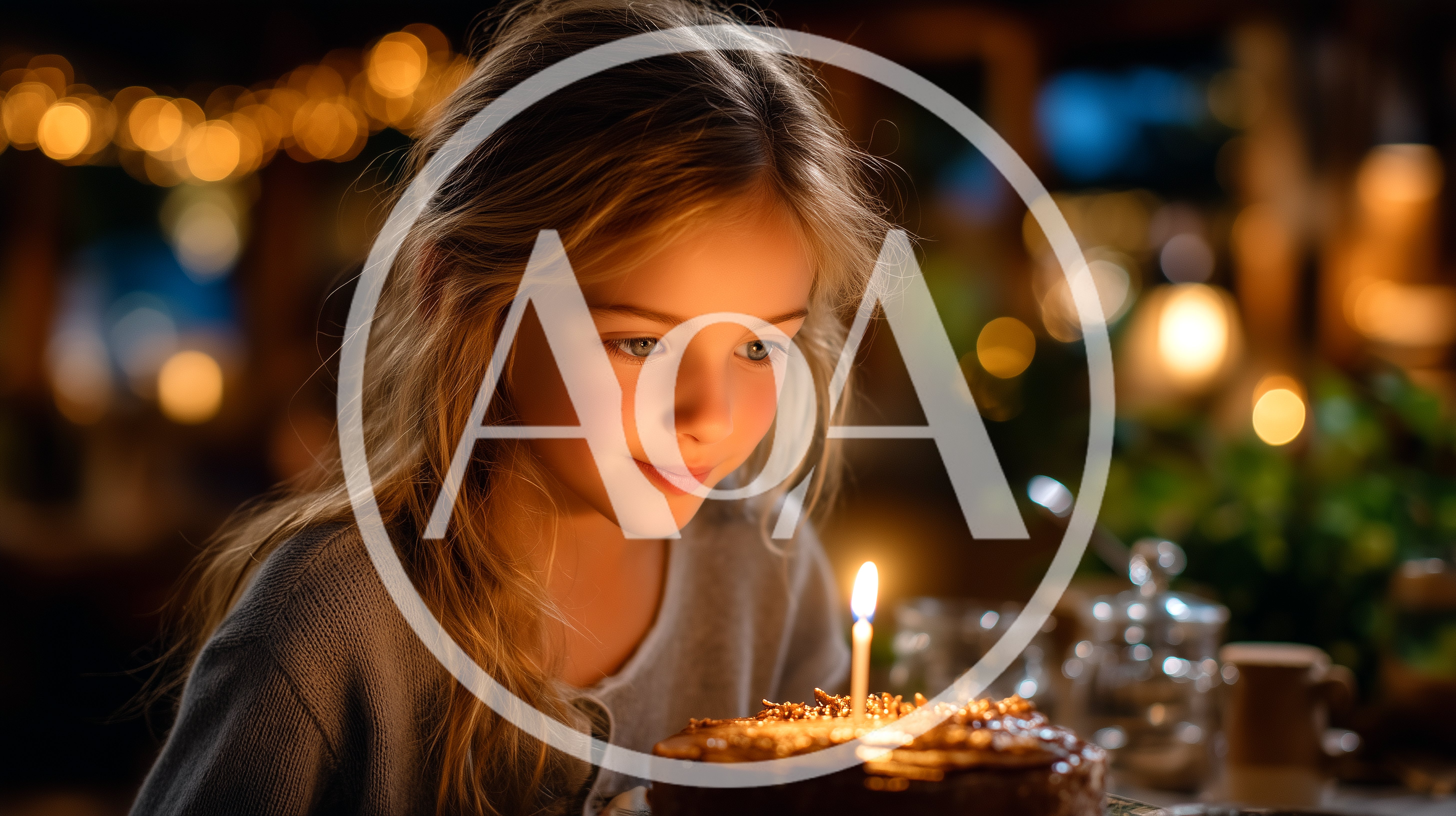 Young girl's magical moment wishing on a birthday cake candle with warm bokeh lights creating a cozy, joyful atmosphere
