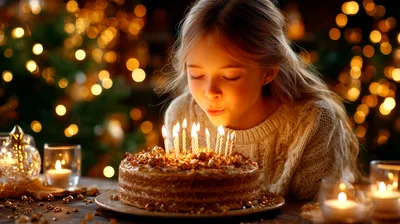 Young Girl Blowing Out Birthday Cake Candles