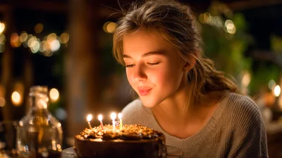 Young Woman Blowing Out Birthday Cake Candles