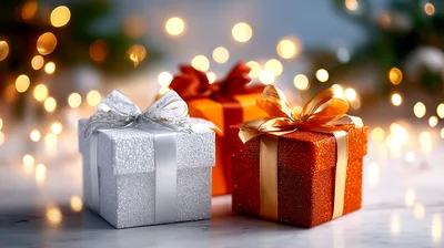 Three Festive Gift Boxes With Bokeh Lights