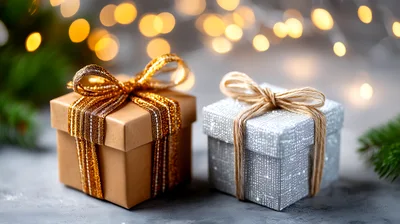 Two Wrapped Christmas Gift Boxes With Bokeh Lights