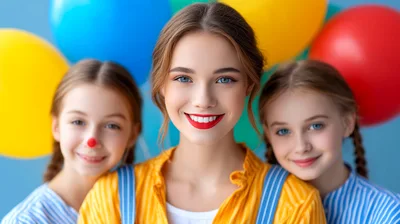 Young Woman And Two Girls With Balloons