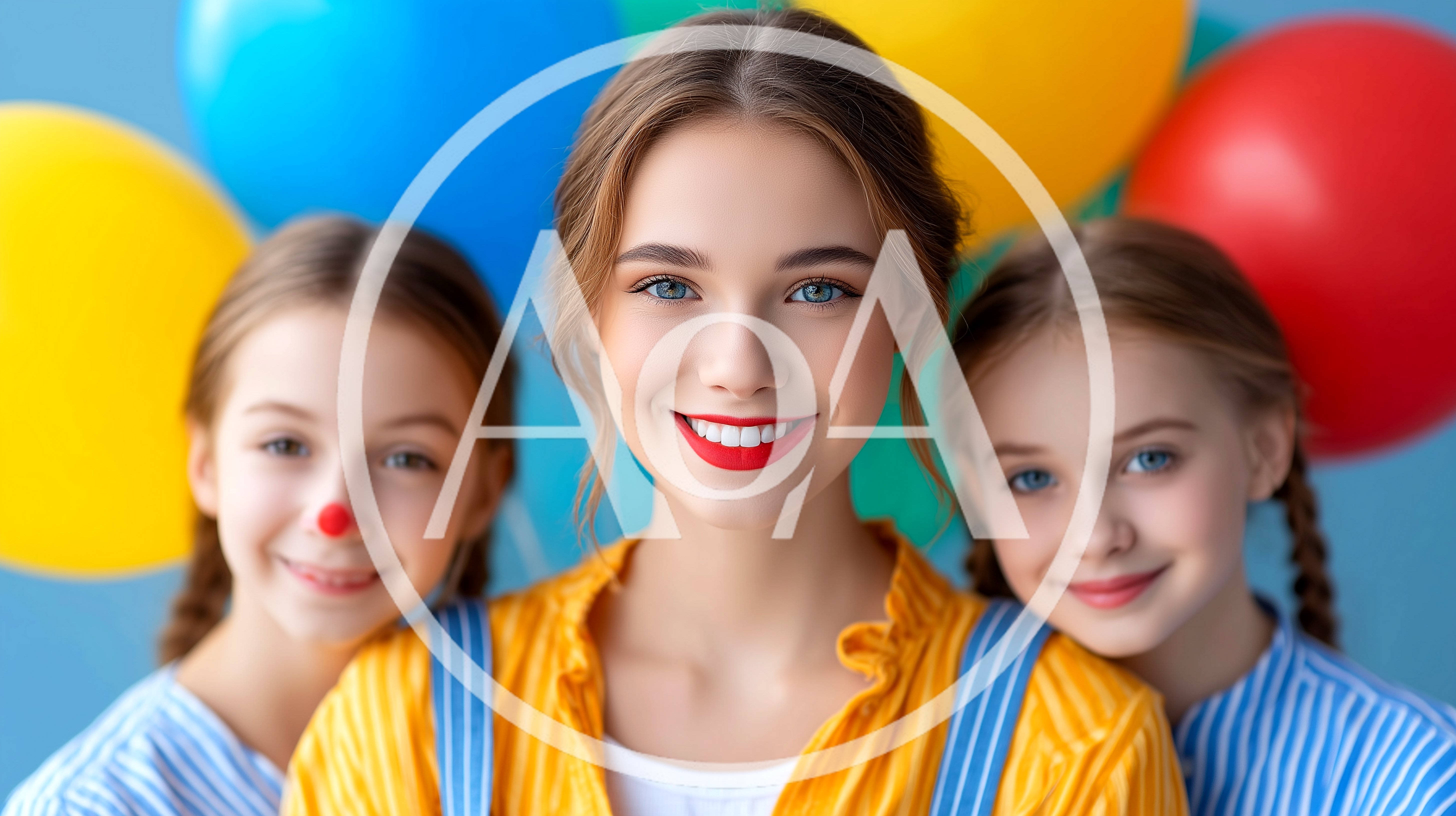 Young Woman And Two Girls With Balloons