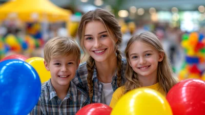 Smiling Mother And Two Children With Colorful Balloons