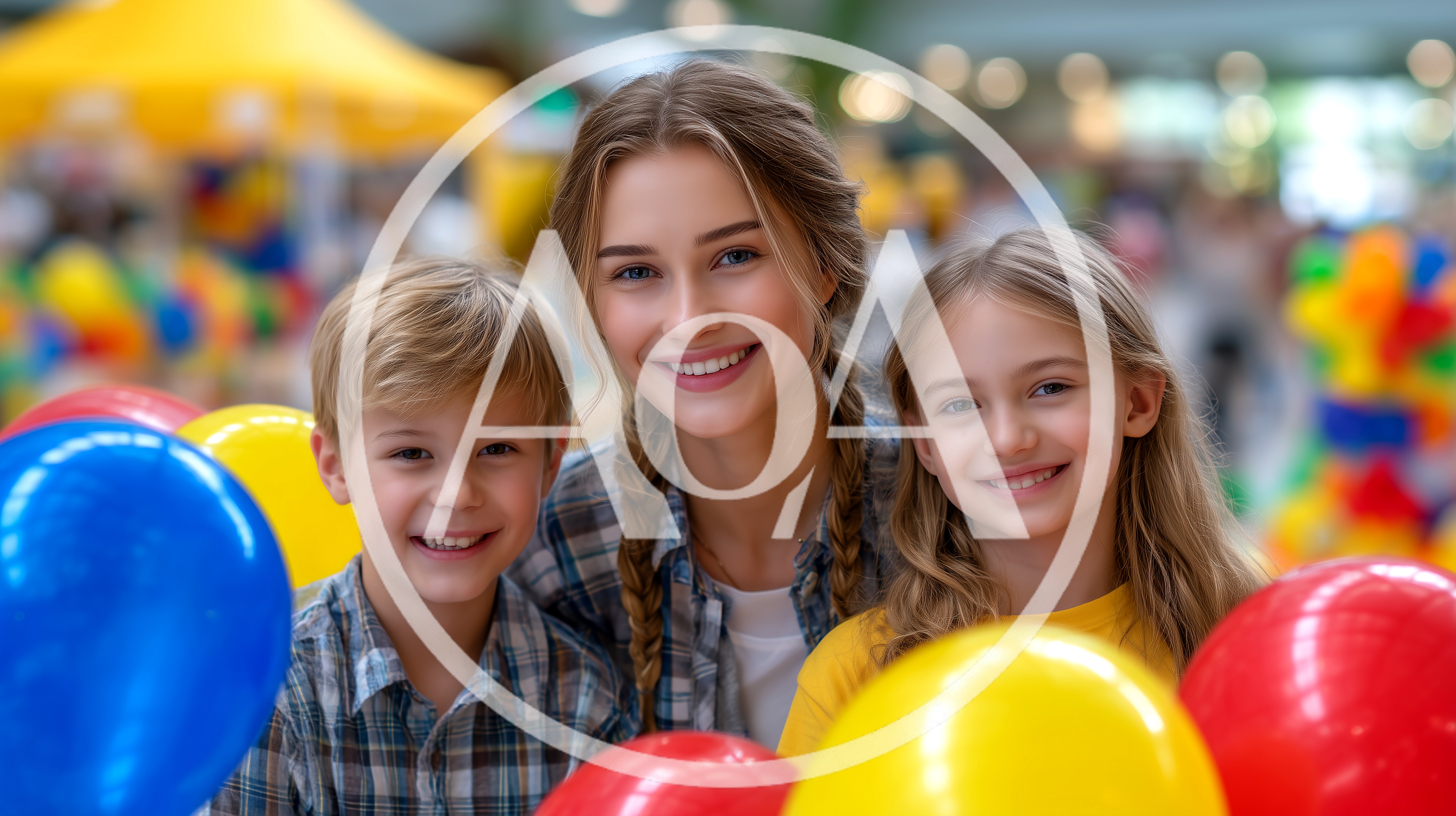 Smiling Mother And Two Children With Colorful Balloons