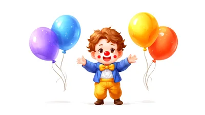 Cute Cartoon Clown Boy With Colorful Balloons