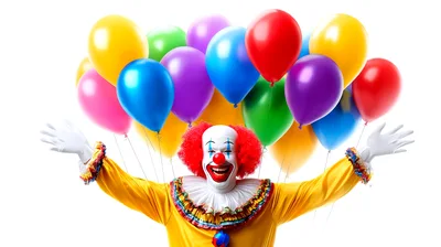 Clown Holding A Large Bunch Of Colorful Balloons