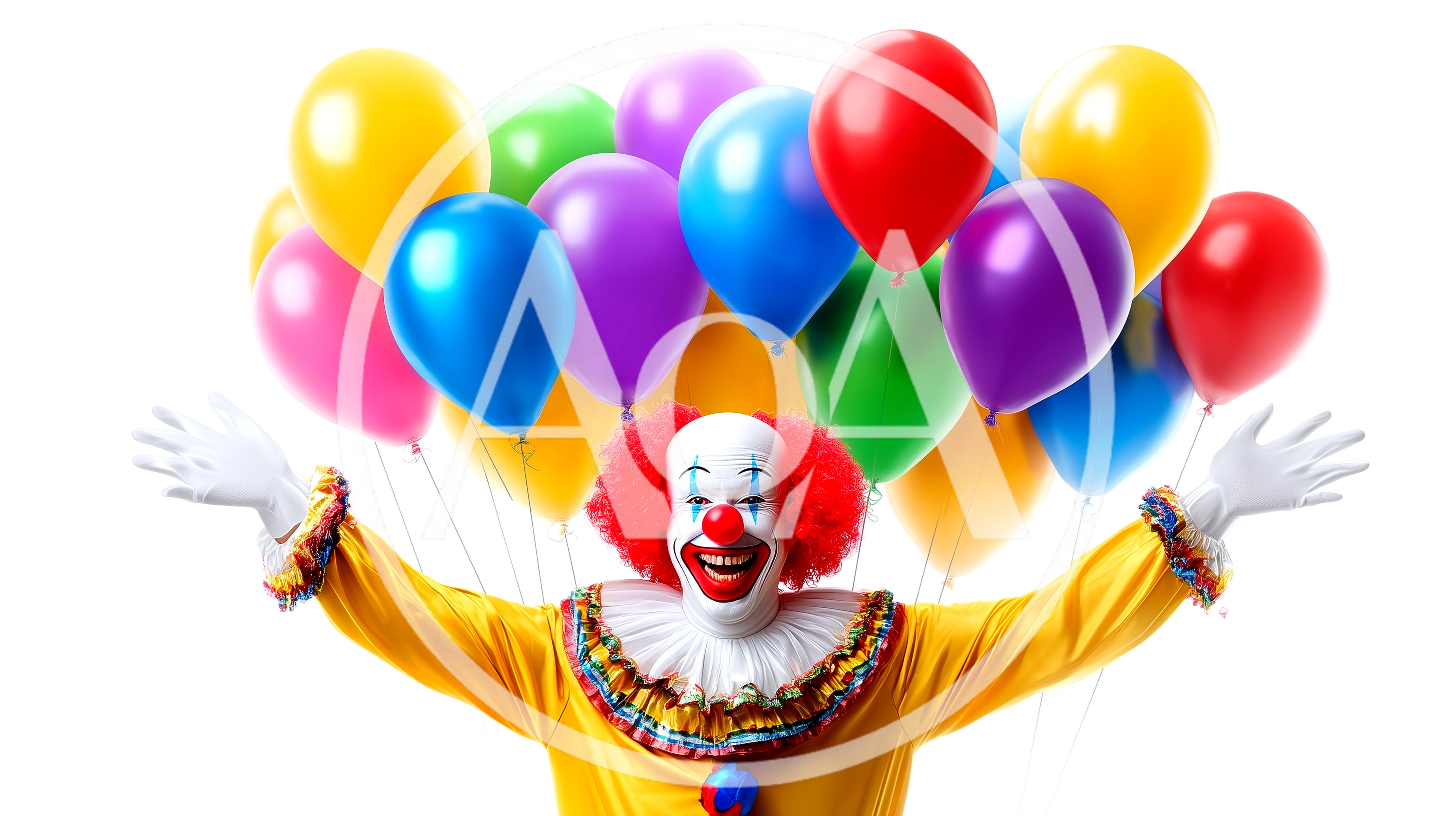 Clown Holding A Large Bunch Of Colorful Balloons