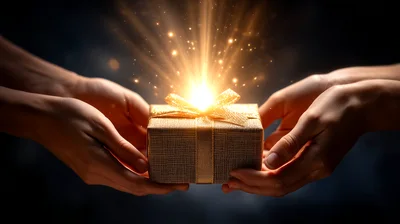 Two People Exchanging A Glowing Gift Box