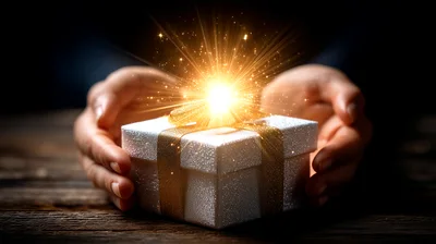 Hands Holding A Glowing Magical Gift Box