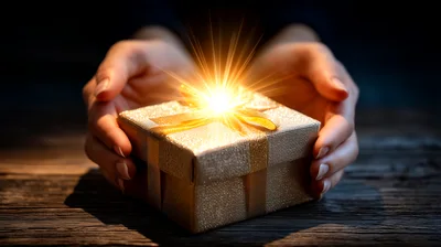 Hands Holding A Glowing Golden Gift Box