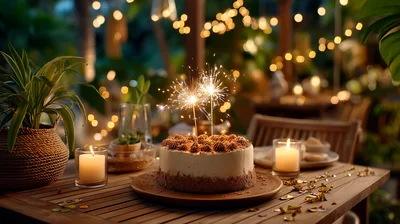 Birthday Cake With Sparklers On Outdoor Table