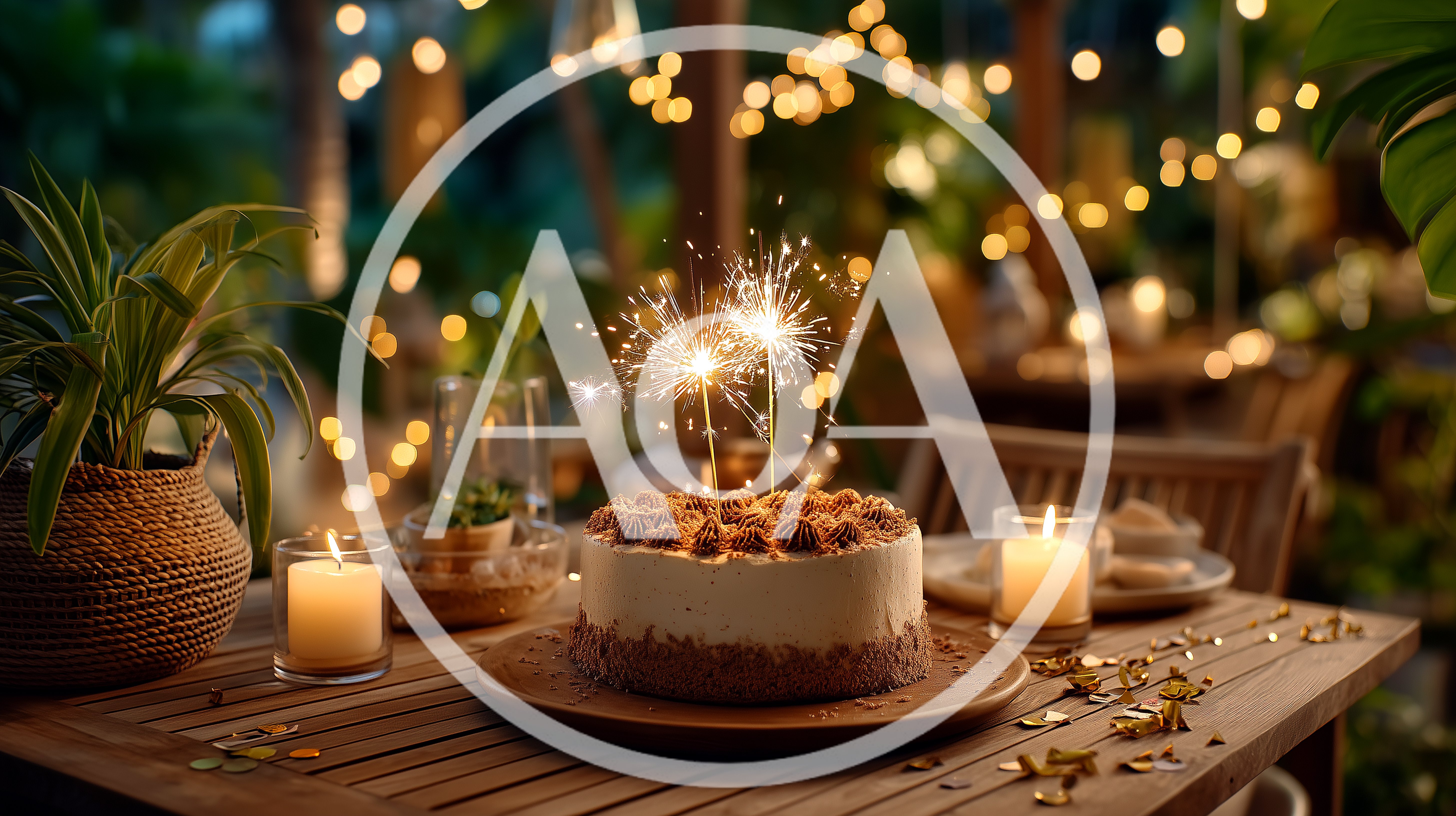 Birthday Cake With Sparklers On Outdoor Table