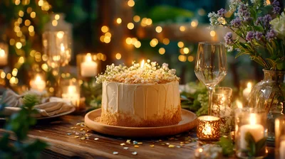 Birthday Cake With Candle On A Festive Table