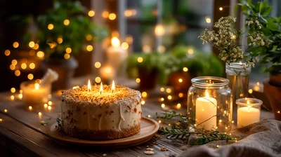 Birthday Cake With Lit Candles On Wooden Table