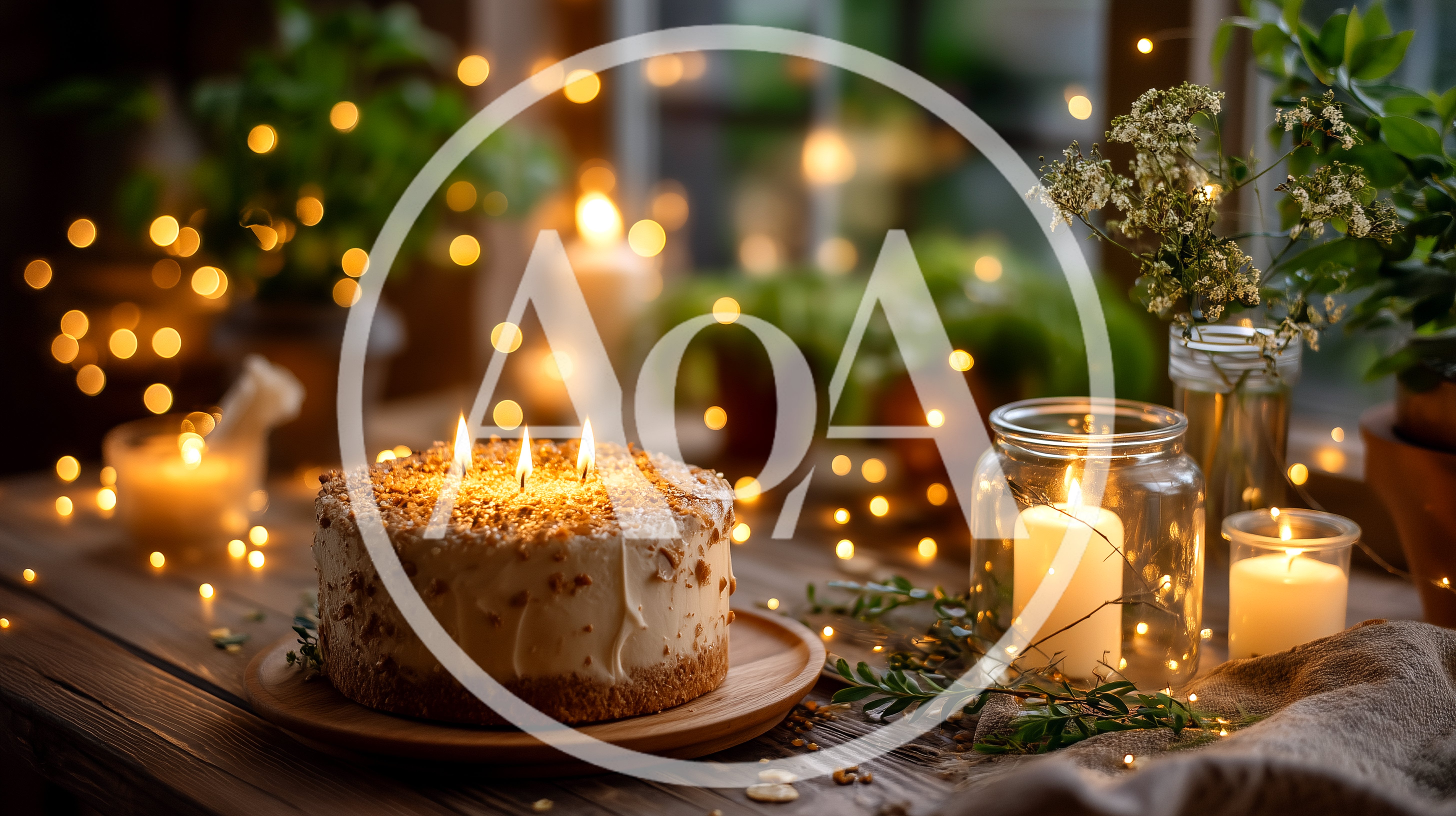 Birthday Cake With Lit Candles On Wooden Table