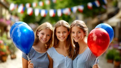 Three Young Women Holding Balloons at a Street Festival