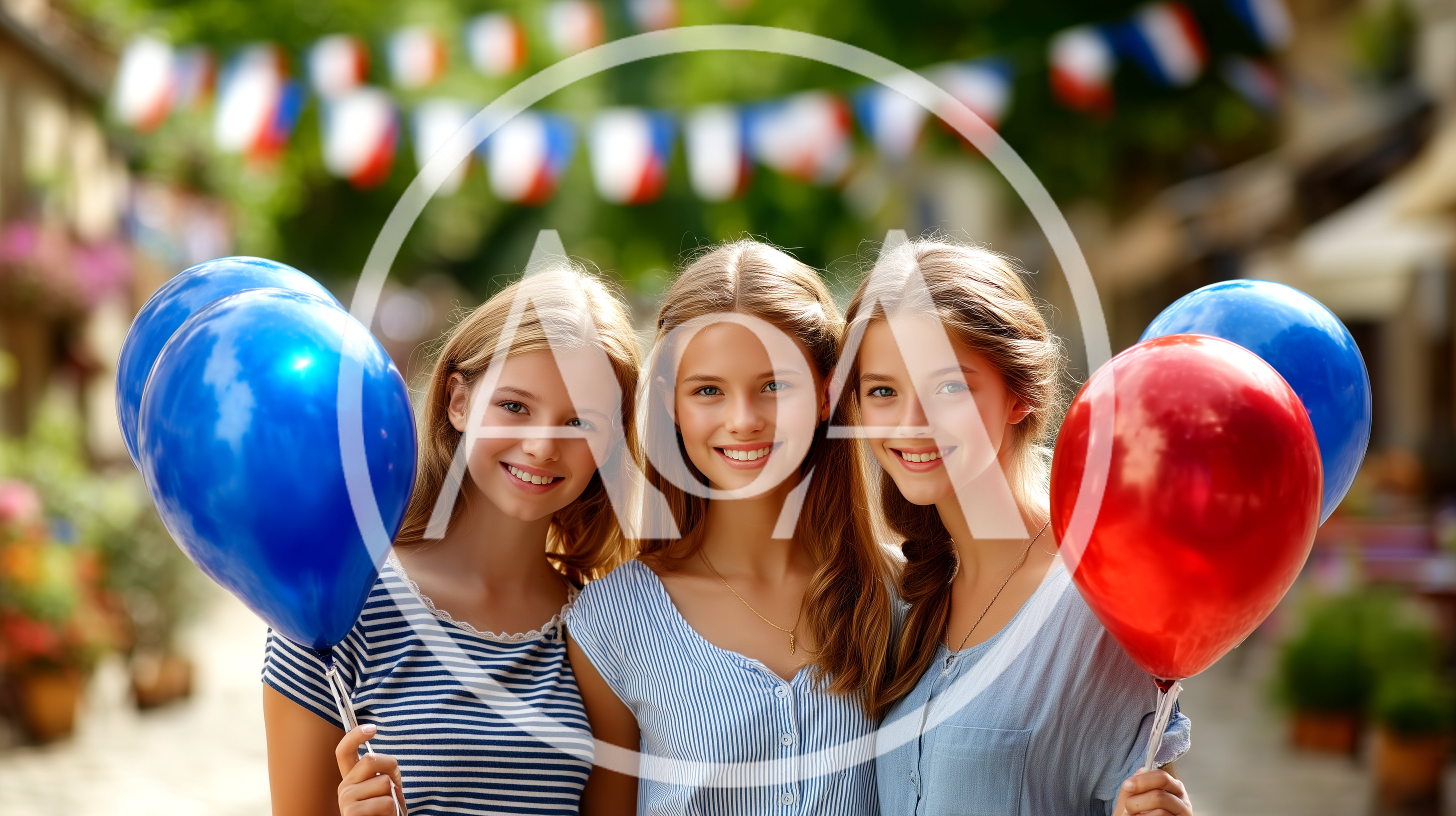Three Young Women Holding Balloons at a Street Festival