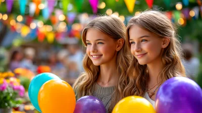 Two Smiling Young Women Holding Colorful Balloons