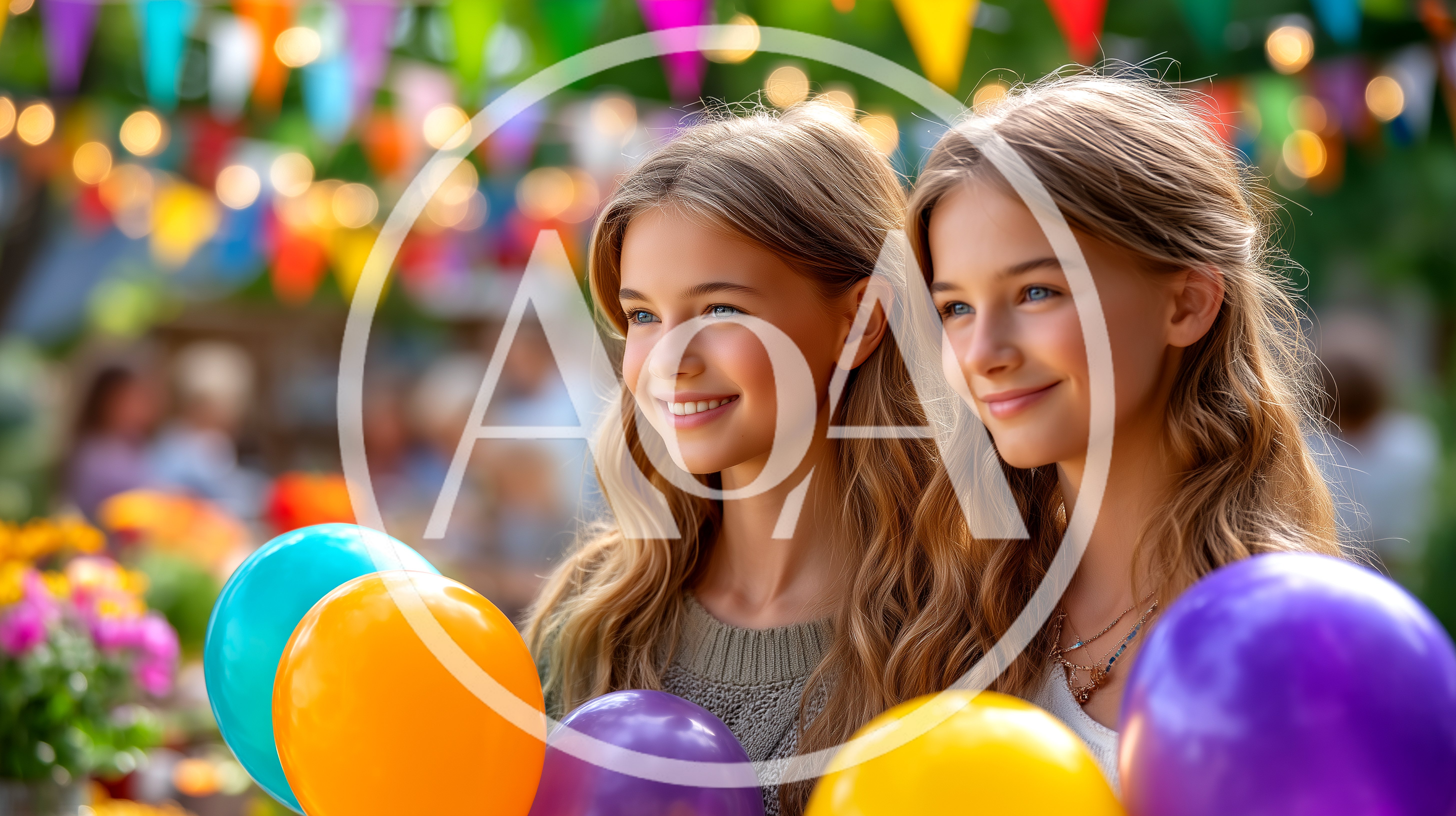 Two Smiling Young Women Holding Colorful Balloons